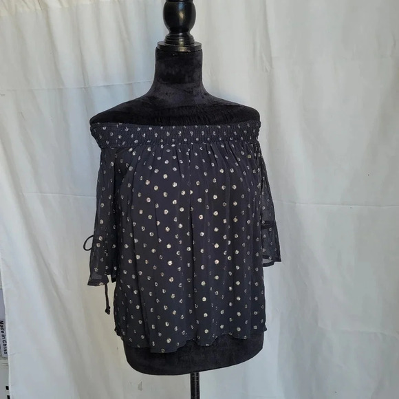 Abercrombie & Fitch Gold Polka Dot Top Off Shoulder Open Tie Sleeve Blouse Sz S - Picture 2 of 10